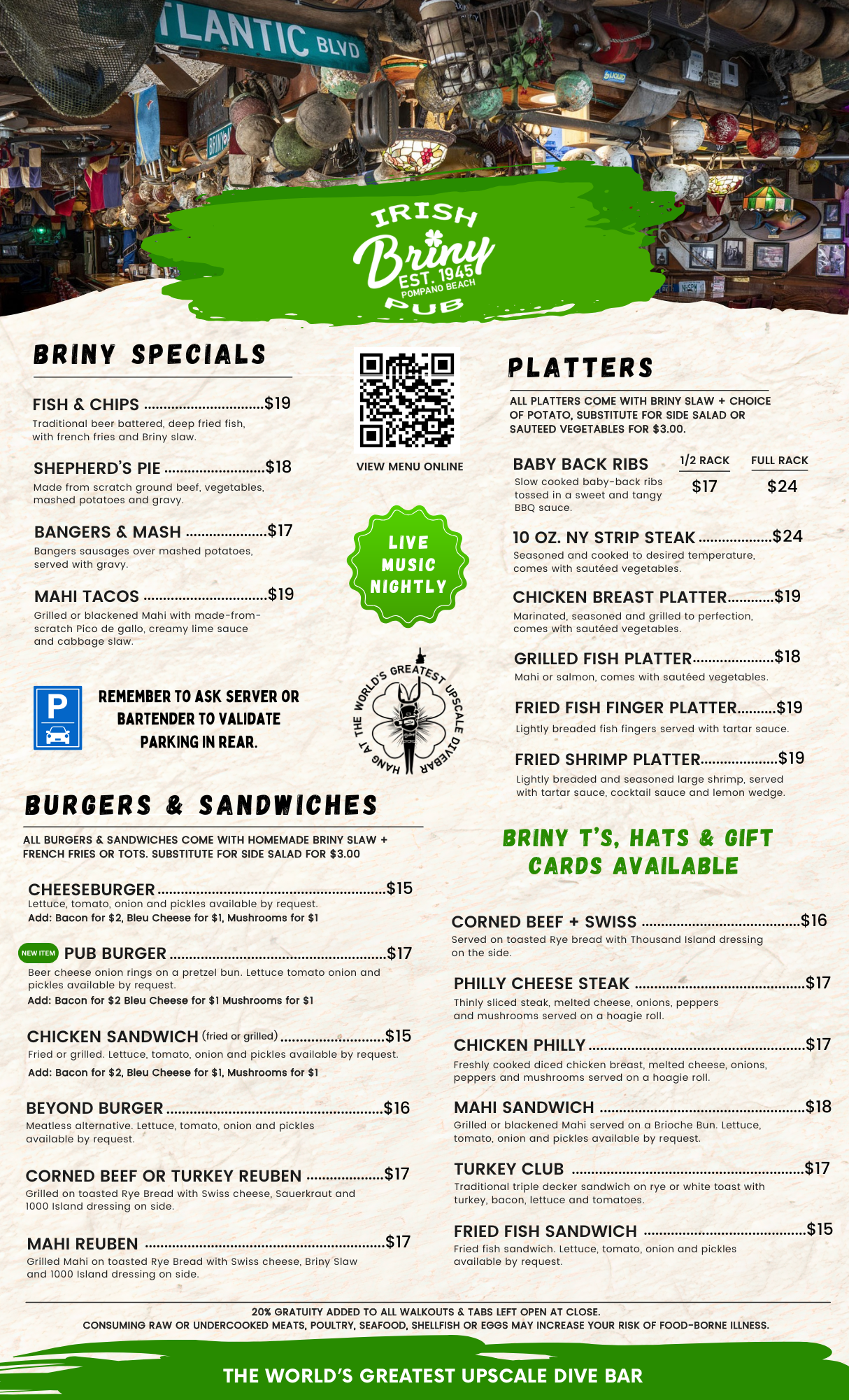 briny irish pub food menu